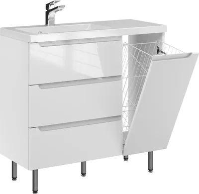Produktbild von FURNI Waschtischunterschrank ETH 90 - Weiß Hochglanz - Stehender Badschrank mit Mineralguss-Waschbecken - Griffmulden - Vormontiert