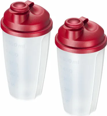 Two red-lidded plastic shaker bottles are shown side-by-side against a white background.
