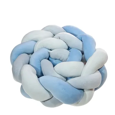A braided pillow or bed bumper in shades of blue and light blue, shown in isolation against a white background.