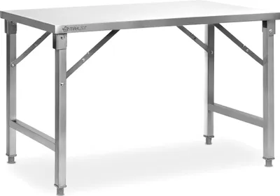 A stainless steel folding table on a white background.