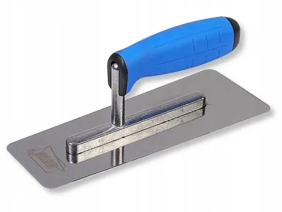 A trowel with a blue handle is shown against a white background.