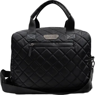 A black quilted duffel bag with handles and a shoulder strap, shown against a white background.
