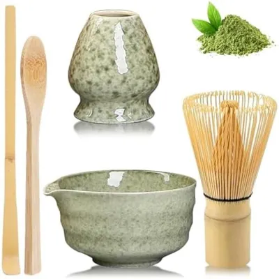 Produktbild von PolkaHome® Matcha Teeset – Keramische Schale mit Ausgießer und Bambus-Zubehör, 5-teilig, Grün