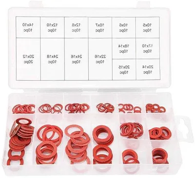 Imagen del producto de Juego de 150 tornillos planos en 14 tamaños, de color rojo, fabricados en acero y fibra de papel, con caja de almacenamiento.