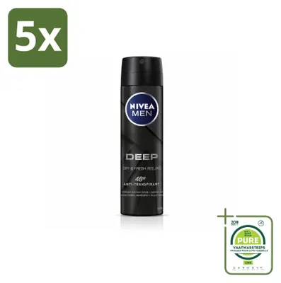 Imagen del producto de 5 unidades de antitranspirante en spray NIVEA MEN DEEP, fórmula Black Carbon, 150 ml. Pack grande