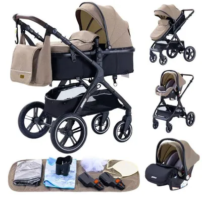 Productafbeelding van YAZOCO 3-in-1 kinderwagen met autostoel en reiswieg khaki