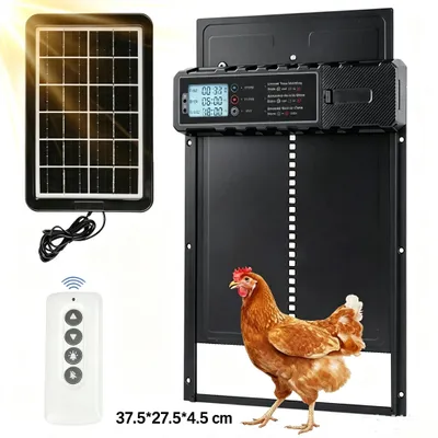 Produktbild von Automatische Hühnerklappe - Sensorgesteuert - Batterie- und Solarbetrieb - Manuelle Bedienung - Timersteuerung - Aluminiumlegierung