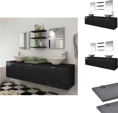 Produktbild von vidaXL 10-tlg. Badmöbel-Set mit Waschbecken und Wasserhahn Schwarz - Badezimmermöbel-Sets