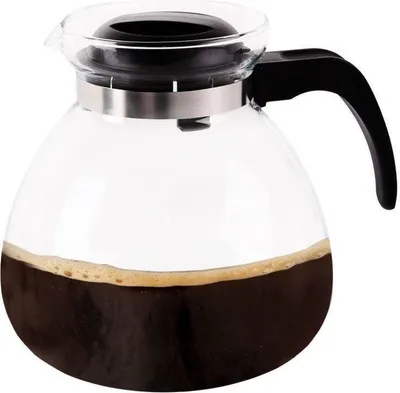 A clear glass coffee pot filled with coffee and crema, on a white background.