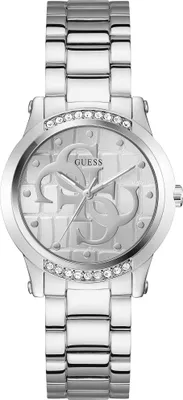 A silver Guess watch with a textured dial and crystal accents.