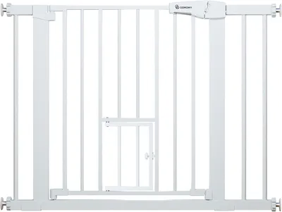 Zdjęcie produktu dla Barierka ochronna z otworem dla kota, regulowana, zakres 75-103 cm, z przedłużkami o długości 7 cm i 14 cm, przeznaczona dla psów i