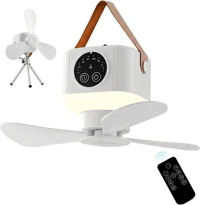 Image de Lampe LED avec minuterie, 4 vitesses, télécommande, ventilateur de camping portable pour tente et caravane - Blanc