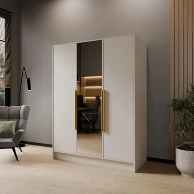 Produktbild von Drehtürenschrank LARO 150 cm Moderner Kleiderschrank mit Spiegel und glatten Türen, Kaschmir mit goldene Griffe