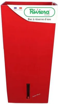 A red planter with a water reservoir system.