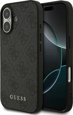 A black phone case with a grey patterned texture and the GUESS logo is shown on a white background.