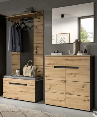 Produktbild von Garderobe Set 4-teilig "Cooper" in Artisan Eiche und grau 175 cm, Soft-Close und inklusive Sitzkissen