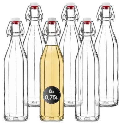 Immagine prodotto di Bottiglia universale KADAX con tappo oscillante "Tore", bottiglia di vetro, bottiglia di succo, trasparente, 750 ml, 6 pezzi