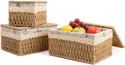 Produktbild von 3 Aufbewahrungskörbe mit Deckel und Innenfutter, rechteckige, geflochtene Korbmöbel für Regale, dekorative Aufbewahrungsboxen