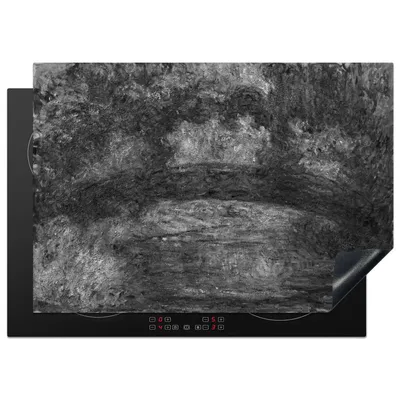 Produktbild von KitchenYeah© Herdabdeckplatte Die japanische Brücke von Giverny - Gemälde von Claude Monet in Schwarz-Weiß. , 75x52cm, Küche Deko, Glaskeramikkochfeld Herdabdeckung, Abdeckplatte fùr Kochfeld