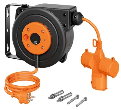 Productafbeelding van Kabelhaspel - Automatische kabeloproller - 10 meter kabel - 3000 W - 3 stopcontacten - Oververhittingsbeveiliging tot 56 °C - Wand- of plafondmontage - 180° draaibare bevestiging