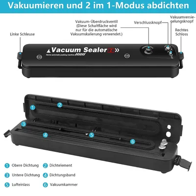 A vacuum sealer machine shown in two views: closed and open with labeled parts.