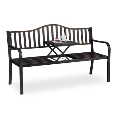 Obrázek produktu pro Zahradní lavička Relaxdays se sklopným stolem, 3místná, zahradní, kovová balkonová lavička, rozměry 89 x 150 x 58,5 cm, černá a bronzová