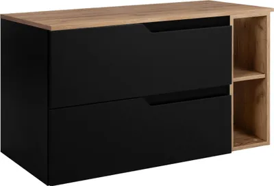 A product shot of a cabinet with drawers and shelves.