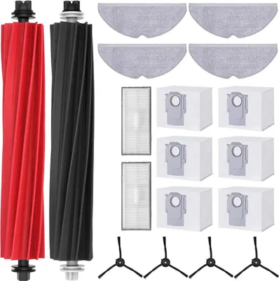 A collection of cleaning accessories for a robot vacuum cleaner.