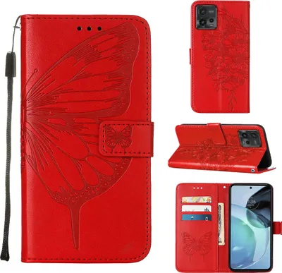 Produktbild von Lederhülle für Motorola Moto G72 Schmetterling Prägung Flip Ledertasche Kartenfächer Handyhülle mit Ständer Rot