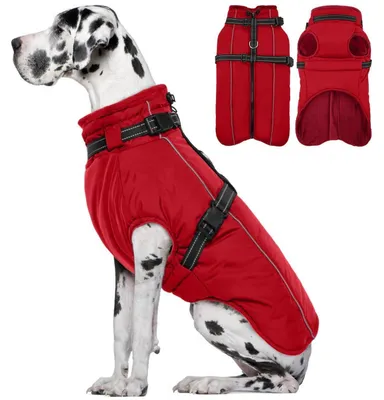 Image de Manteau pour chien, hiver, rouge, taille 3XL, avec harnais intégré, coupe-vent, doublure en polaire, réfléchissant