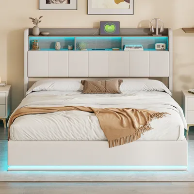 Obrázek produktu pro CDGlobal čalouněná postel 160x200cm, hydraulické dvojlůžko s úložným prostorem a lamelovým roštem, LED čelo s funkcí nabíjení USB, úložný prostor, kovová postel, postel pro mládež, povlečení (béžová, 160x200cm)