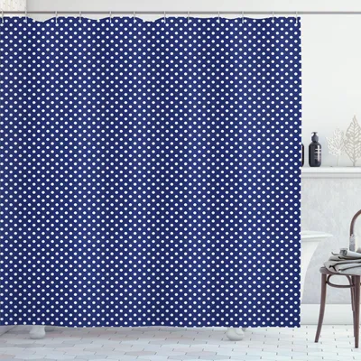 Immagine prodotto di ABAKUHAUS Tenda da doccia blu navy, motivo a pois vintage nei colori marini Ispirazione retrò marina, 175 x 240 cm, blu navy e bianco