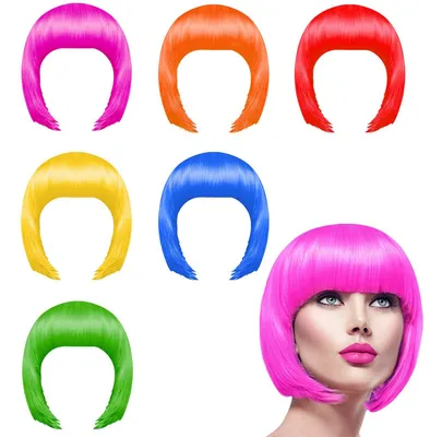 Produktbild von Perücken Set 6 Stück - Neon Kurze Bob Perücke - Cosplay Haarteile - Festliche Perücken - Waschbare Perücken - Geeignet für Halloween - Partyperücken