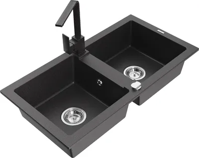Produktbild von Mexen Mario 2-Becken-Granitspüle mit Mischbatterie Rita, Schwarz gesprenkelt - 6504-76-670300-76
