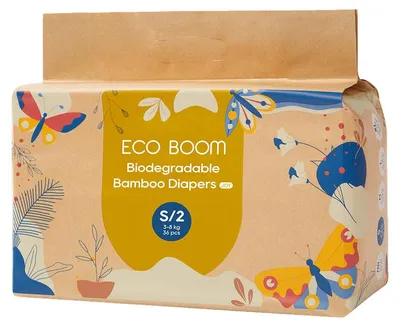 Productafbeelding van ECO BOOM Joy wegwerpluiers van bamboe, maat S (3–8 kg), 36 stuks