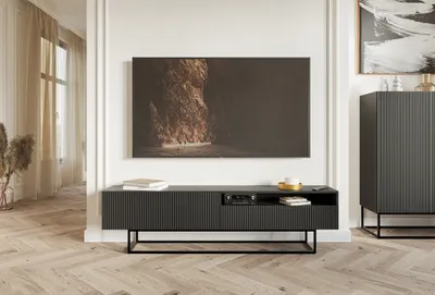 Obrázok produktu pre Selsey Veldio - TV stolík s otvorenou priehradkou, čierny s kovovým rámom, 175 cm