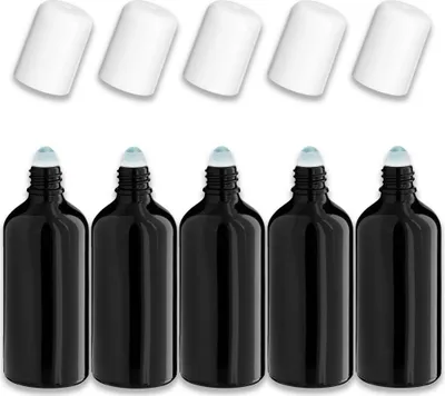 Produktbild von 5x Glasflasche Schwarz 100 ml Roll-on mit Weißem Verschluss Set