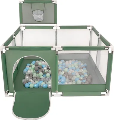 Produktbild von Selonis Laufstall Mit Korb Und 200 Bälle Laufgitter Für Kinder, Grün:Perle/Grau/Transparent/Babyblau/Minze
