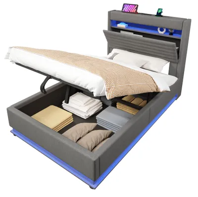 Produktbild von Polsterbett mit LED-Streifen, Stauraum, Schrank, USB und Type-C, 90x200 cm, gepolsterter Kopfteil mit Schrank, Einzelbett, Stauraumbett, Leinen