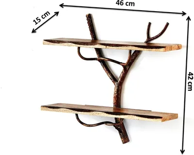 A two-tiered wall shelf designed to look like a tree branch, made of wood and metal.