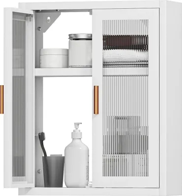 Image de HOMCOM Armoire murale de salle de bain 2 niveaux, meuble de rangement suspendu pour salle de bains avec 2 portes cannelées en acrylique et étagère réglable, meuble WC suspendu, 40 x 14 x 50 cm, blanc
