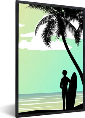 Produktbild von MuchoWow® MuchoWow® Gerahmtes Poster Meer - Surfbrett - Palme 60x90 cm - Poster mit zchwarzem Bilderrahmen - Kunst