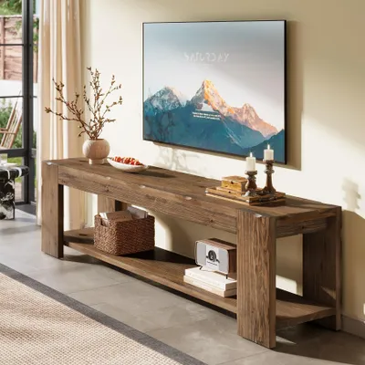 Produktbild von Massivholz TV-Schrank 140 cm, 2-stöckige Medienkonsole für Fernseher bis 60 Zoll, Landhaus Entertainment Center mit offenem Regal, Rustikales Braun