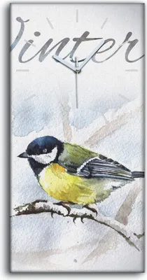 Produktbild von Wandbild Leinwand Bilder mit Uhr 30x60 Gemälde Winter Schnee Zweig Tier Vogel - weiße Hände