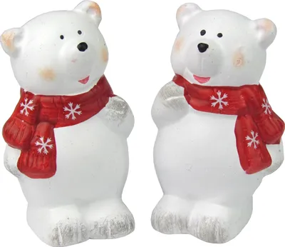 Produktbild von Weihnachtsfiguren - Weihnachtsdeko - 2er Set Dekofiguren aus Keramik, Handbemalt (Eisbär mit rotem Schal)