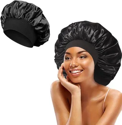 Produktbild von Seidenschlafmütze für lockiges, langes Haar - Satin Nachtmütze in Schwarz