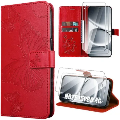 Image de Coque + 2 Verres Trempés pour Xiaomi Redmi Note 15 Pro 4G, Cuir Synthétique Motif Papillon - Rouge