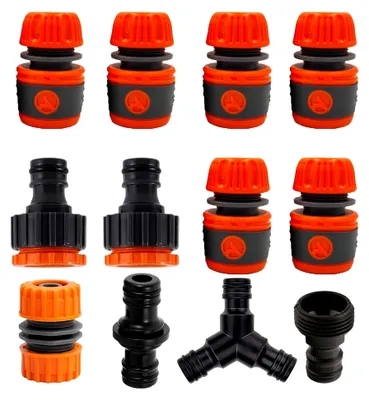 Produktbild von 12-teiliges Set für Gartenschlauchverbinder - Schlauchkupplungen, Anschlussadapter & Y-Verteiler - Universelles Zubehör für Bewässerung, Reinigung und Autowäsche