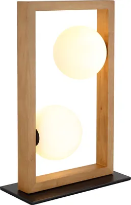 Produktbild von NOWA Tischleuchte Metall schwarz matt, Holz braun, Glaskugeln opal, Kabel PVC schwarz, Wippschalter am Kabel, LxBxH: 280x120x400mm, Kabellänge 1800mm, exkl. 2x G9 5W 230V