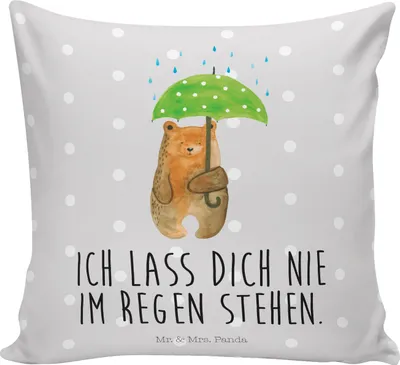 Produktbild von Mr. & Mrs. Panda kuschelkissen 40x40 Bär Regenschirm - Grau Pastell - Geschenk, Liebe, Sofa Kissen, Freunde, Teddy, Kuschel, Liebeskummer, Sofakissen, Familie, Pärchen